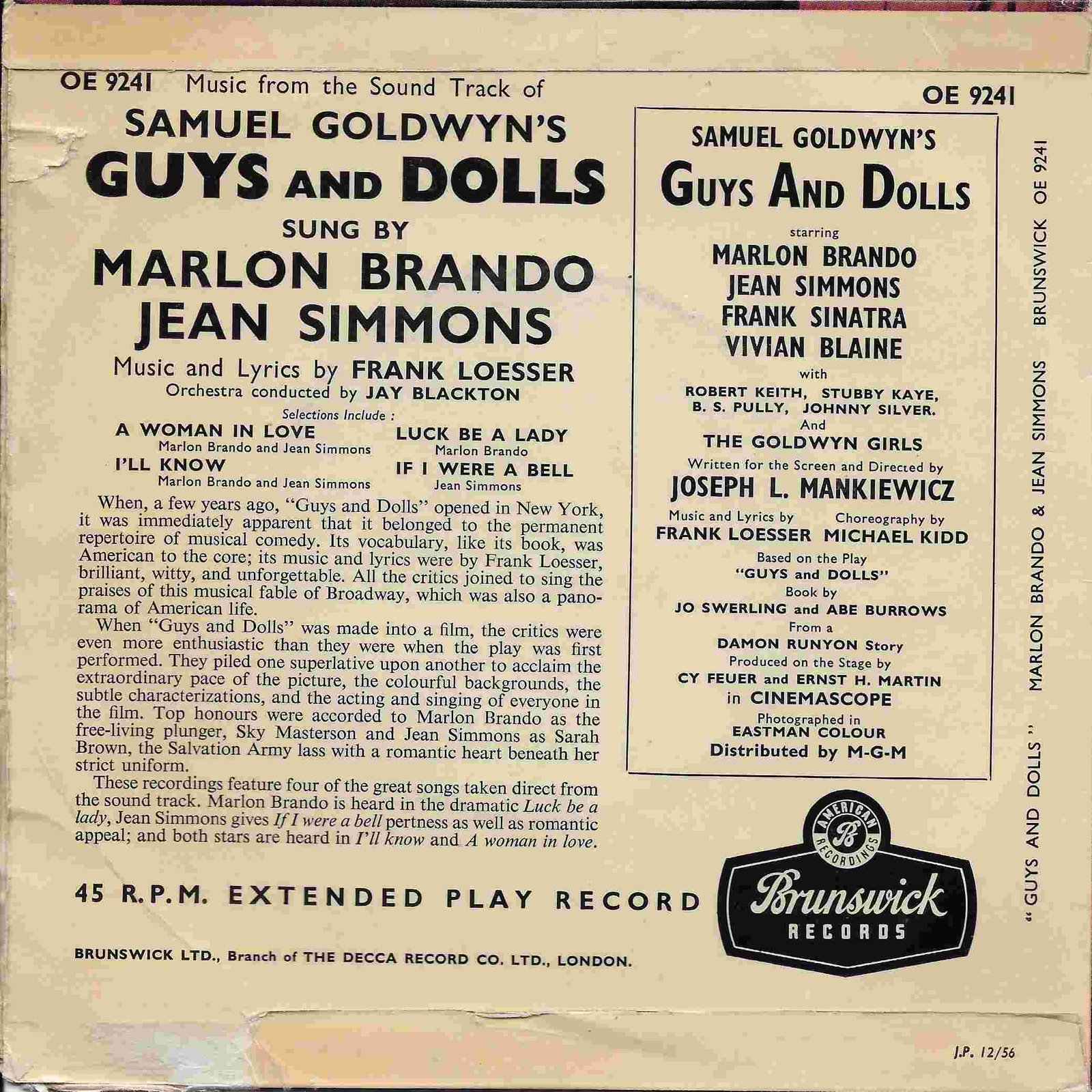 OE 9241 Guys and Dolls Frank Loesser from ITV, Channel 4 and Channel 5 library Back cover of OE 9241